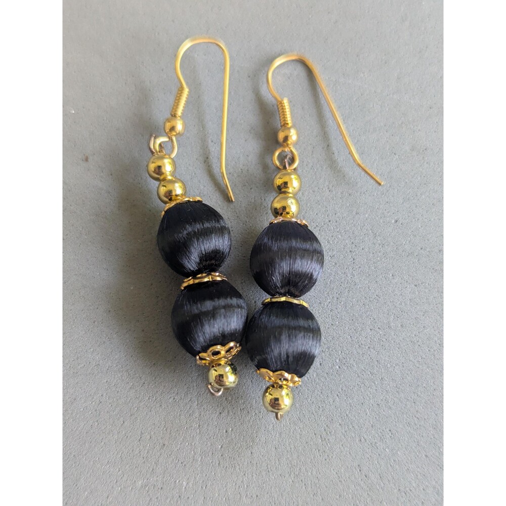 Vintage Black Silk Thread Wrapped Bead Dangle Earrings Gold Tone Boho